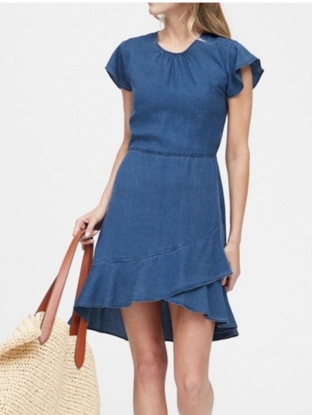 Banana Republic Denim Chambray Ruffle Skirt Dress 4 TALL